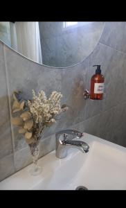 un lavabo con un jarrón de flores y una botella de jabón en EnSueños Tandil, en Tandil 17 fotos más