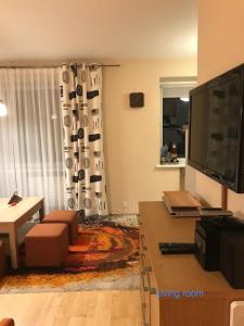 a living room with a couch and a television at Roman in Druskininkai