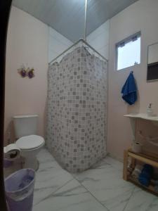 a bathroom with a shower and a toilet and a sink at Casa do Porto - a 600m do Mar e da Lagoa in Florianópolis