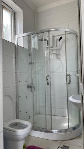 uma casa de banho com um chuveiro e um WC. em Lao Tangren Guest House em Kigali