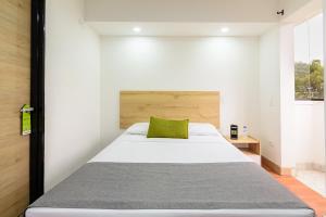 メデジンにあるHotel Balcones del Estadioのベッドルーム1室(緑の枕が付いたベッド1台付)