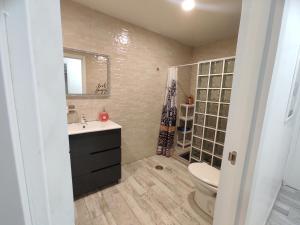 Un baño con lavabo, inodoro y ducha. en Sweet Apt Charco by flamingo house, en Arrecife