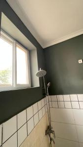 La salle de bains est pourvue d'une douche et d'un mur vert. dans l'établissement Lao Tangren Guest House, à Kigali