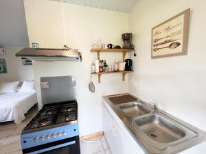 a small kitchen with a sink and a stove at TAHITI - Fare Matavai Piti in Taravao