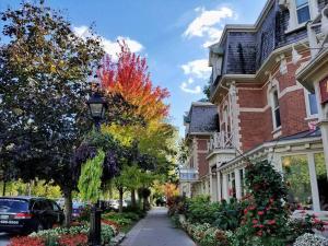 a city street with houses and trees with fall leaves at Luxury Niagara 3 Bdr Townhouse /Garage in Niagara Falls