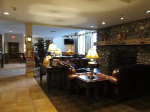 a lobby with leather furniture and a stone fireplace at Jurassic Dino Suite Jiminy-Must See Sleeps 4 in Hancock