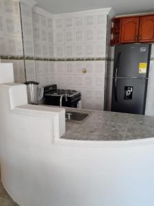 eine kleine Küche mit Spüle und Kühlschrank in der Unterkunft Fantástica cartagena accesible para todos in Cartagena de Indias