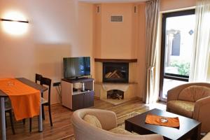 a living room with a tv and a fireplace at Балкан вили in Ribarica