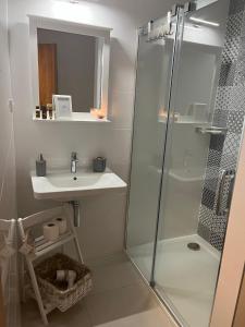 y baño con ducha y lavamanos. en Útulný apartmán na Dolní Moravě, en Dolní Morava
