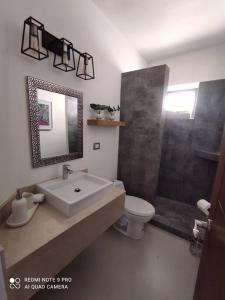 a bathroom with a sink and a toilet and a shower at Condominio Palomino en Viñedos del Mar Ensenada privada San Antonio in Ensenada