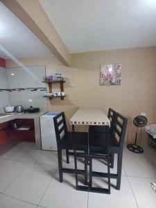 mesa y sillas en una habitación con escritorio en Apartamentos Caimán Tortuguero, en Tortuguero