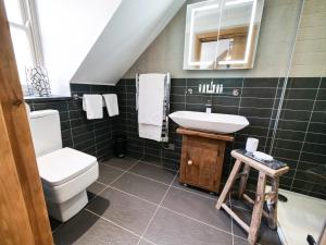 a bathroom with a white toilet and a sink at Padstow Escapes - Teyr Luxury Penthouse Apartment in Padstow