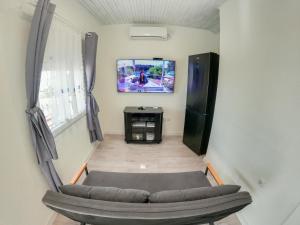 a living room with a couch and a tv on a wall at Apartments by the sea Milna, Vis - 8895 in Rukavac