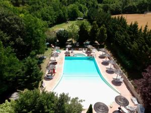 an overhead view of a swimming pool with chairs and umbrellas at Boutique Country House Serendipity in Cantiano
