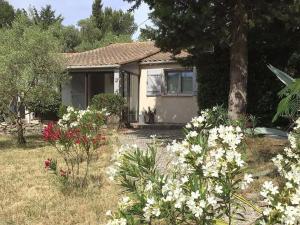 una piccola casa con fiori in cortile di Charming holiday home with private pool a Montbrun-des-Corbières