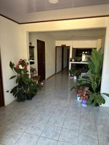um corredor com vasos de plantas num edifício em Hospedaje Angela em Península de Nicoya