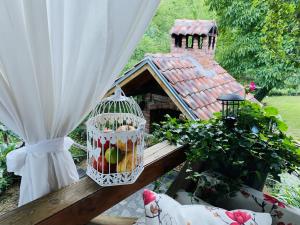 a bird cage and a bird house on a table at Family friendly house with a parking space Vranov Dol, Prigorje - 20590 in Jastrebarsko