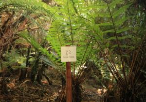 a sign on a wooden pole in a forest at Hananui PurePod in Stewart Island +2 photos