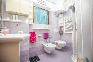 une salle de bains pourpre avec toilettes et lavabo. dans l'établissement Affitti Brevi Toscana - 50 passi dal mare, à Fonteblanda
