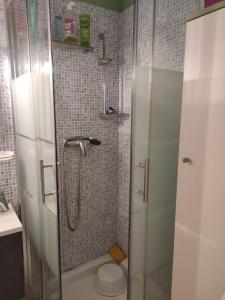 La salle de bains est pourvue d'une douche et de toilettes. dans l'établissement Super-cute colourful, cozy flat, à Saint-Raphaël