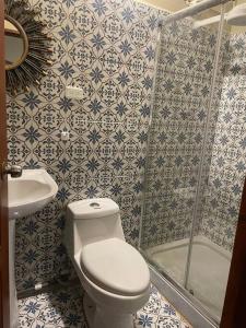 La salle de bains est pourvue de toilettes, d'un lavabo et d'une douche. dans l'établissement LACASADELCORONEL, à Quito