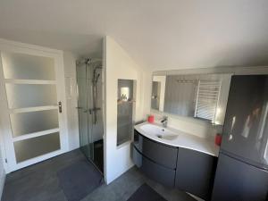 łazienka z umywalką i prysznicem w obiekcie Villa spacieuse avec jacuzzi, à 200m de la plage à Capbreton - FR-1-413-209 w mieście Capbreton +17 zdjęć