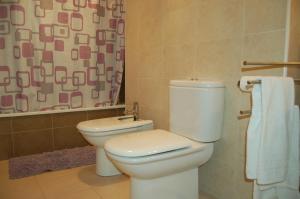 a bathroom with a toilet and a shower curtain at Apartamentos Santa Barbara II in Santa Bárbara