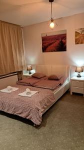 a bedroom with two beds with towels on them at Apartament Lavender in Jelenia Góra