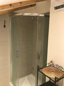 a shower with a glass door in a bathroom at Apartments Luki - great view in Smergo