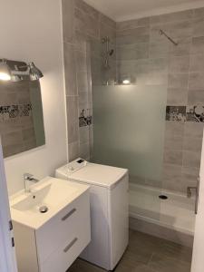a white bathroom with a sink and a shower at Appartement le 48 in Narbonne