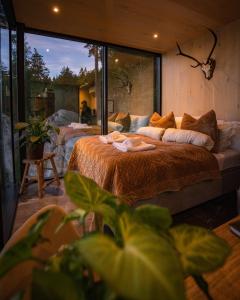 a bedroom with two beds and a large window at The WonderInn Mirrored Glass Cabin - Wonderinn Delta in Hektner