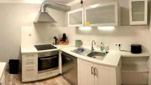 a small kitchen with white cabinets and a sink at Wohnung m. eigener Terrasse u. Zugang, Hamburg-nah in Ahrensburg