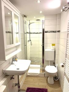 a bathroom with a sink and a toilet and a shower at Wohnung m. eigener Terrasse u. Zugang, Hamburg-nah in Ahrensburg