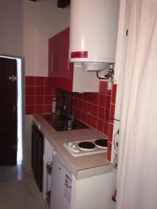 una pequeña cocina con fregadero y azulejos rojos en Studio Haute Ville, en Corte