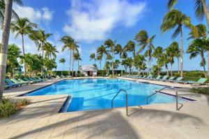 une piscine avec chaises longues et palmiers dans l'établissement Waterfront luxury Villa 54 with sunset views and boat slip townhouse, à Marathon