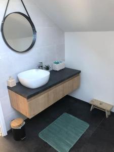 uma casa de banho com um lavatório e um espelho num balcão em La maison d’à côté em Troyes
