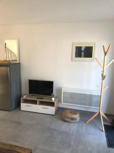 salon z telewizorem z płaskim ekranem i stołem w obiekcie La maison d’à côté w Troyes