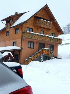 a house covered in snow in front at Cabana Georgiana Maria in Gheţari