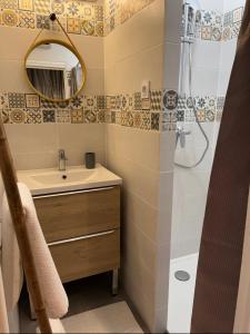 サントマリー・ド・ラメールにあるL Abri-côtier Appartementsのバスルーム(シンク、鏡付きシャワー付)