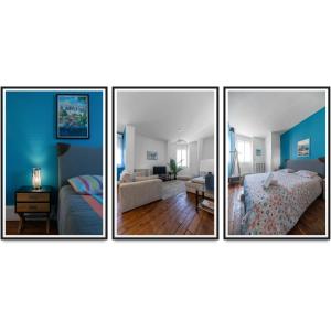 4 photos d'une pièce aux murs bleus et d'une chambre dans l'établissement Le 482 - Grand Appartement design & Confort - 4 chambres, à Vichy