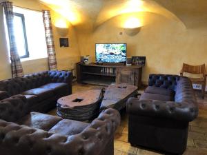 a living room with leather furniture and a flat screen tv at Les Chalets du Villard in Saint-Véran