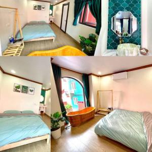 two pictures of a room with two beds in it at L'abri Retreat in Vĩnh Phúc