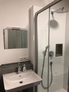 a bathroom with a sink and a shower with a mirror at Gästehaus Moin Allgäu in Immenstadt im Allgäu