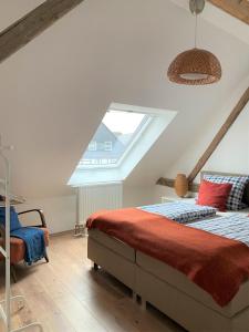 1 dormitorio con 1 cama y tragaluz en Landhof Lieg - Ferienwohnungen en Lieg