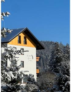 una casa cubierta de nieve frente a los árboles en Boutique Hotel and Apartments Pension Sternen en Todtmoos