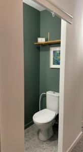 a bathroom with a white toilet in a green wall at URBAN Maison tout confort 15 mn Rouen avec parking facile in Montville