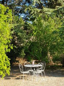 een tafel met drie stoelen en een vaas erop bij LE PATIO in Sarrians