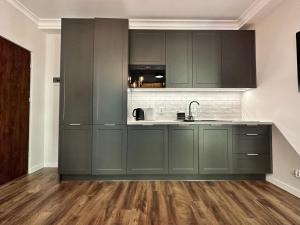 a kitchen with green cabinets and a wooden floor at PasteLove Okna in Toruń +16 photos