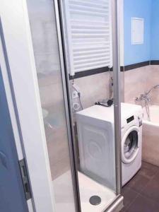 ein Badezimmer mit Waschmaschine in der Unterkunft Loft mit 2 Terrassen - ruhig&sonnig in Leipzig