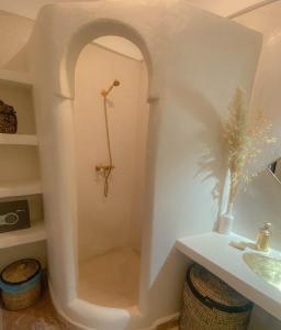 uma casa de banho com um chuveiro e um lavatório. em Riad Dar Marrakcha em Marraquexe